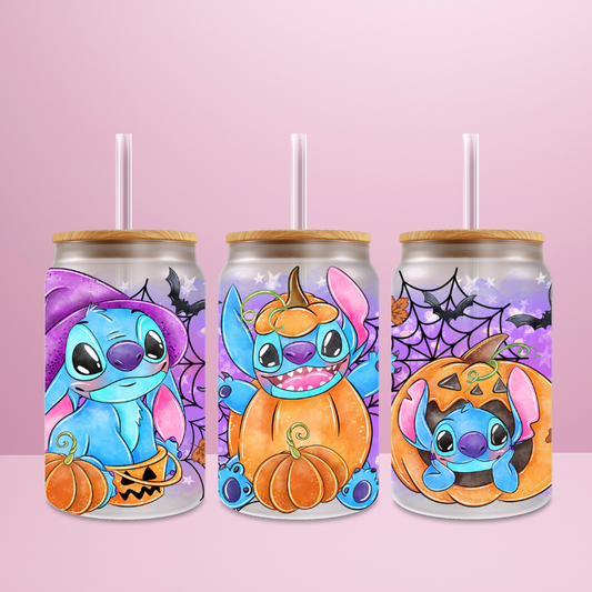 Stitch Citrouille - Verre givré avec couvercle